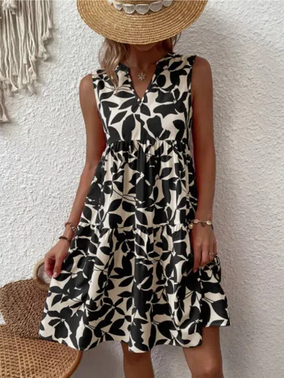 Truedames Full Size Printed Notched Sleeveless Mini Dress Plus Size In Black
