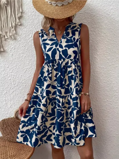 Truedames Full Size Printed Notched Sleeveless Mini Dress Plus Size In Black