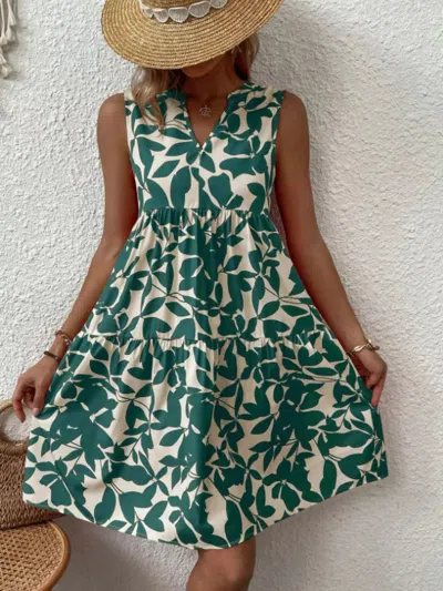 Truedames Full Size Printed Notched Sleeveless Mini Dress Plus Size In Green