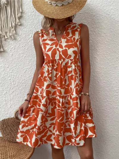Truedames Full Size Printed Notched Sleeveless Mini Dress Plus Size In Orange