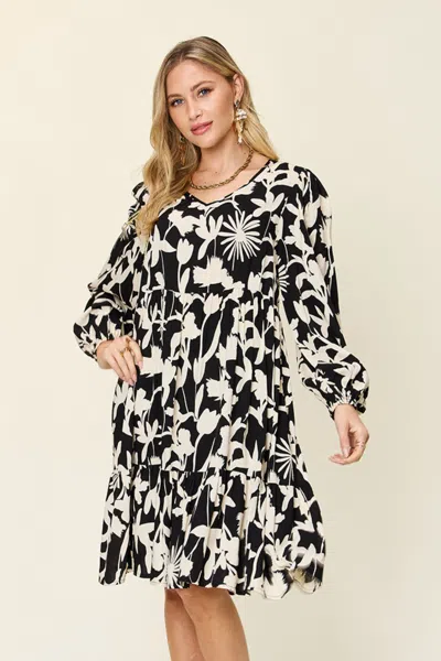 Truedames Full Size Printed Ruffle Hem Dress With Pocket In Black