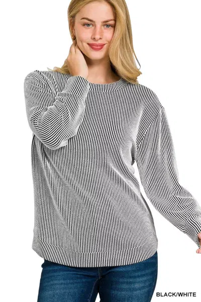 Truedames Full Size Raised Rib Round Neck Long Sleeve Top Plus Size In Gray
