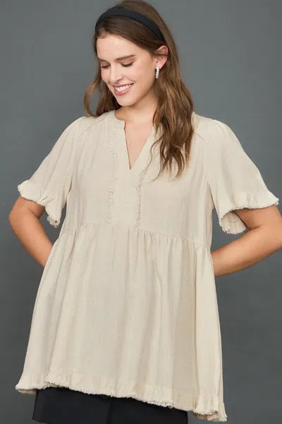 Truedames Full Size Raw Hem Notched Babydoll Linen Blouse Plus Size In Neutral
