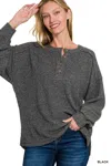 Truedames Full Size Ribbed Brushed Hacci Melange Henley Sweater Plus Size In Green