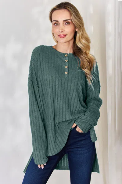 Truedames Full Size Ribbed Half Button Long Sleeve High-low T-shirt In Green