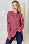 Truedames Full Size Ribbed Half Button Long Sleeve High-low T-shirt In Pink