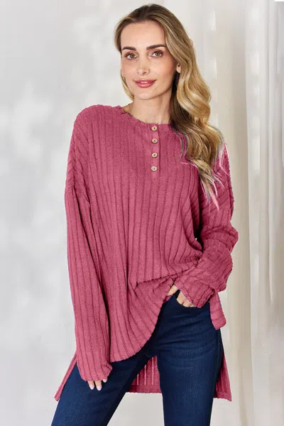 TRUEDAMES FULL SIZE RIBBED HALF BUTTON LONG SLEEVE HIGH-LOW T-SHIRT