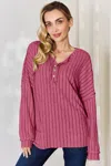 Truedames Full Size Ribbed Half Button Long Sleeve High-low T-shirt In Pink