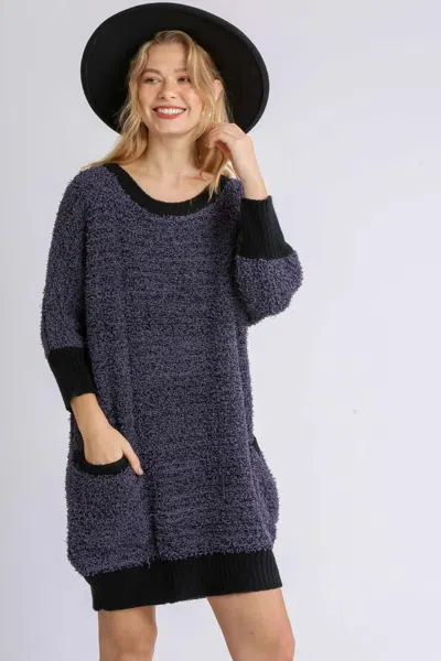 Truedames Full Size Ribbed Hem Round Neck 3/4 Sleeve Sweater Dress With Pockets Plus Size In Multi