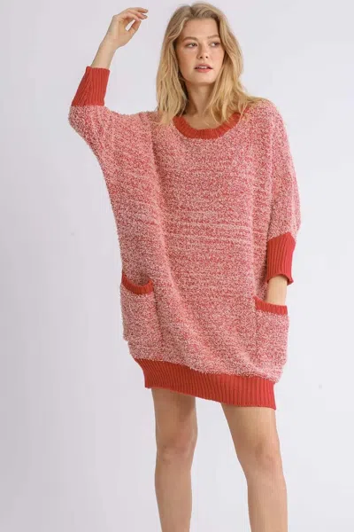 Truedames Full Size Ribbed Hem Round Neck 3/4 Sleeve Sweater Dress With Pockets Plus Size In Neutral