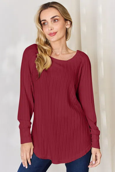Truedames Full Size Ribbed Round Neck Slit T-shirt In Burgundy