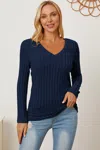 Truedames Full Size Ribbed V-neck Long Sleeve T-shirt In Blue