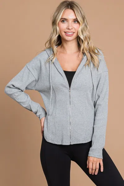 Truedames Full Size Ribbed Zip Up Drawstring Hooded Jacket In Grey