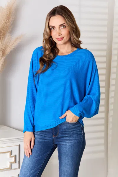 Truedames Full Size Round Neck Batwing Sleeve Blouse In Blue