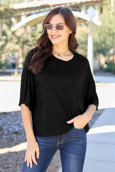 Truedames Full Size Round Neck Drop Shoulder T-shirt In Black