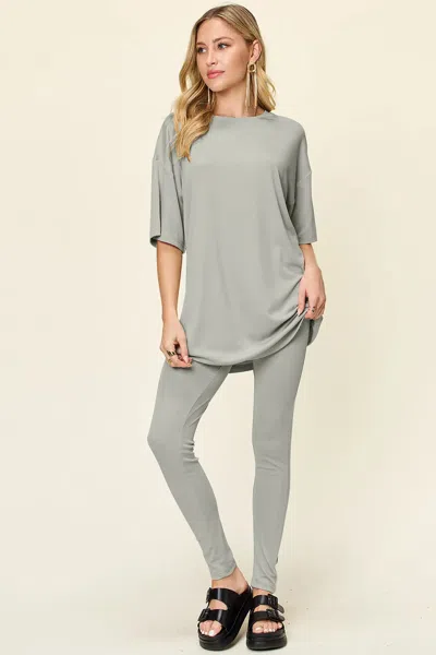 Truedames Full Size Round Neck Dropped Shoulder T-shirt And Leggings Set In Gray
