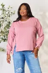 Truedames Full Size Round Neck Exposed Seam Slit Top In Pink
