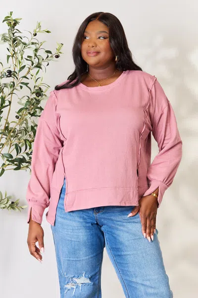 Truedames Full Size Round Neck Exposed Seam Slit Top In Pink