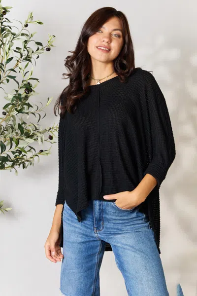 Truedames Full Size Round Neck High-low Slit Knit Top In Black