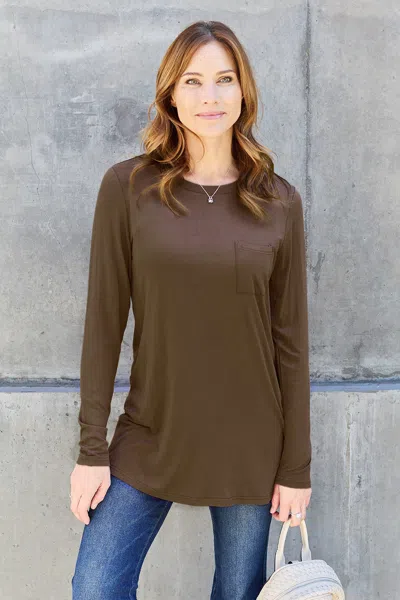 Truedames Full Size Round Neck Long Sleeve Top In Brown