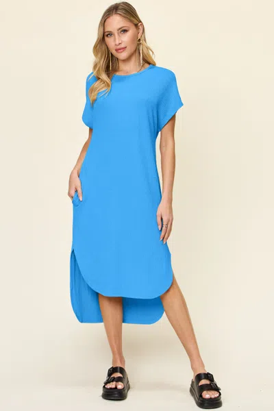 Truedames Full Size Round Neck Short Sleeve Slit Dress In Blue