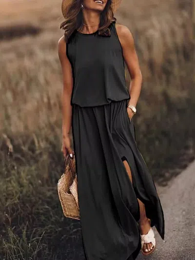 Truedames Full Size Round Neck Sleeveless Slit Maxi Dress Plus Size In Black