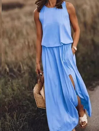 Truedames Full Size Round Neck Sleeveless Slit Maxi Dress Plus Size In Blue