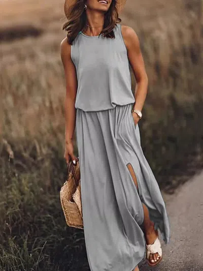 Truedames Full Size Round Neck Sleeveless Slit Maxi Dress Plus Size In Gray