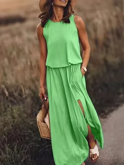 Truedames Full Size Round Neck Sleeveless Slit Maxi Dress Plus Size In Green