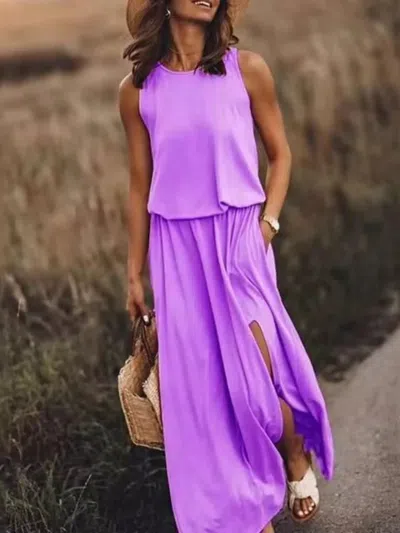 Truedames Full Size Round Neck Sleeveless Slit Maxi Dress Plus Size In Purple