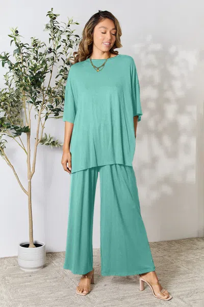 Truedames Full Size Round Neck Slit Top And Pants Set In Green