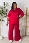 Truedames Full Size Round Neck Slit Top And Pants Set In Red
