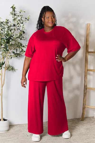 Truedames Full Size Round Neck Slit Top And Pants Set In Red
