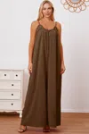 Truedames Full Size Ruffle Trim Tie Back Cami Jumpsuit With Pockets In Brown