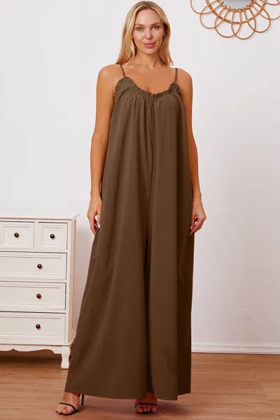Truedames Full Size Ruffle Trim Tie Back Cami Jumpsuit With Pockets In Brown