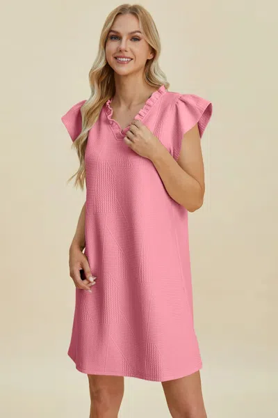 Truedames Full Size Ruffled V-neck Cap Sleeve Dress In Pink