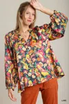 Truedames Full Size Satin Paisley Ruffle Neck Button-up Shirt Plus Size In Multi