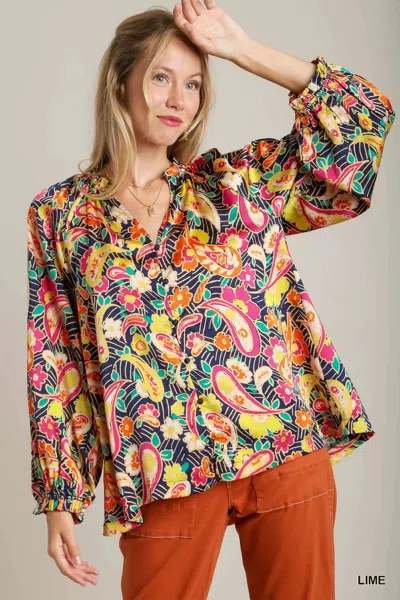 Truedames Full Size Satin Paisley Ruffle Neck Button-up Shirt Plus Size In Multi