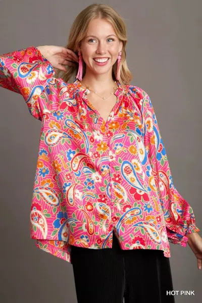 Truedames Full Size Satin Paisley Ruffle Neck Button-up Shirt Plus Size In Pink