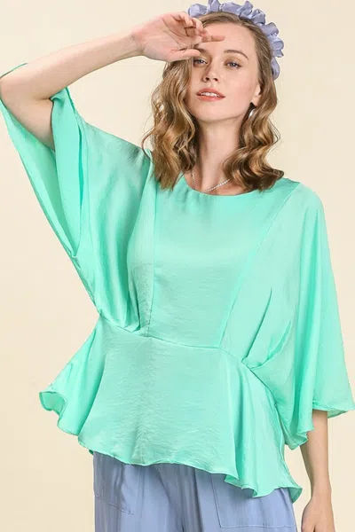 Truedames Full Size Satin Pleated Round Neck Kimono Sleeve Blouse Plus Size In Blue