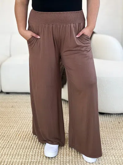 Truedames Full Size Smocked Wide Waistband Wide Leg Pants In Brown