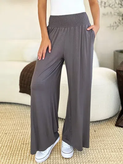 Truedames Full Size Smocked Wide Waistband Wide Leg Pants In Gray