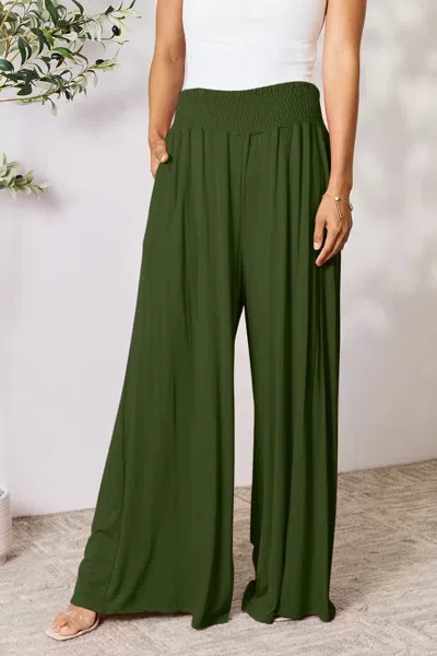 Truedames Full Size Smocked Wide Waistband Wide Leg Pants In Green