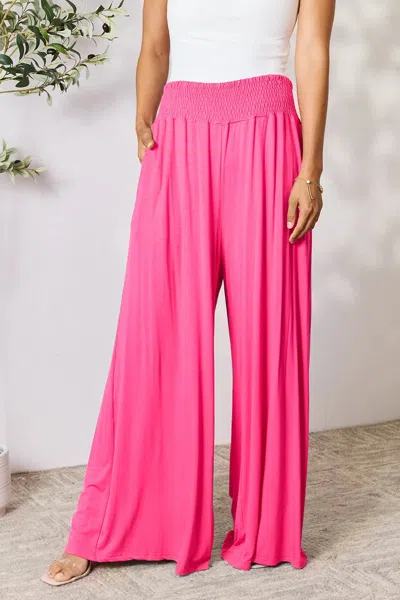 Truedames Full Size Smocked Wide Waistband Wide Leg Pants In Pink