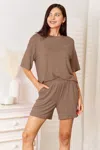 Truedames Full Size Soft Rayon Three-quarter Sleeve Top And Shorts Set In Brown