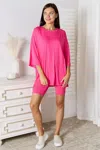 Truedames Full Size Soft Rayon Three-quarter Sleeve Top And Shorts Set In Pink
