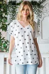 Truedames Full Size Star Print Short Sleeve V-neck Waffle Knit T-shirt In White