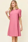 Truedames Full Size Texture Collared Neck Short Sleeve Dress In Pink