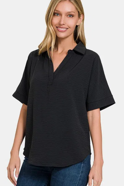 Truedames Full Size Texture Collared Neck Short Sleeve Top In Black