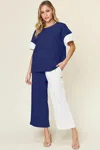 Truedames Full Size Texture Contrast T-shirt And Wide Leg Pants Set In Blue